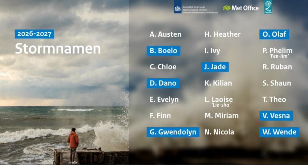 De stormnamen voor seizoen 2026-2027 (bron: KNMI)&nbsp;