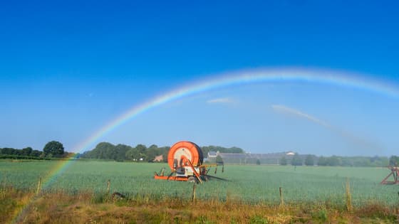 Mooie regenboog in de ochtend in de beregeningsinstallatie 