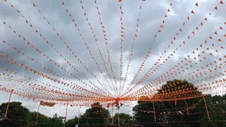 Oranje vlaggetjes bij bewolkte lucht 