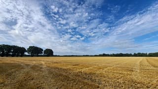 Fraaie blauwe lucht en wolken boven gemaaid graanveld