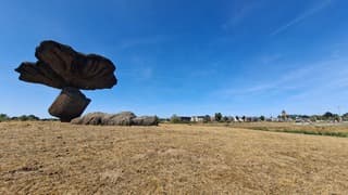 "De zwevende kei" op verdord gras in Dalfsen