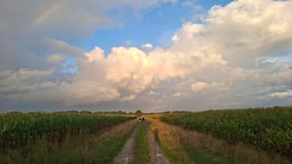 Deel van regenboog zichtbaar vlak voor zonsondergang