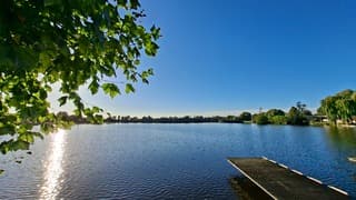 De zon verscholen achter een boom met de zonnestralen over het. water