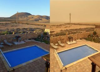 VÃ³Ã³r en tijdens de zandstorm op Fuerteventura