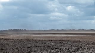 Stofwolken boven gortdroge akkers