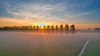 Even na zonsopkomst, ochtenddauw over de landerijen.