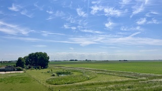 Wolkenlaag aan de horizon met daarboven veel sluierbewolking 