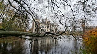 Druilerig weerbeeld in Olst, maar met mooi kasteel de Haere door de boomtakken te zien