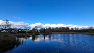 Laag hangende "rij" stapelwolken onder een blauwe lucht 