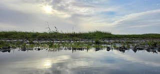 Zon en bewolking boven een regenplas vanmiddag 