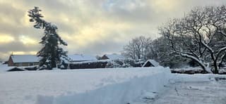 Sneeuw van het platdak scheppen 