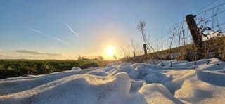 De laagstaande middagzon schijnt over sneeuwresten 
