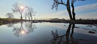 Zon blauwe lucht en weerspiegeling in een regenplas 