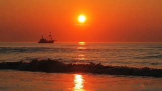 Garnalenkotter vist bij zonsondergang