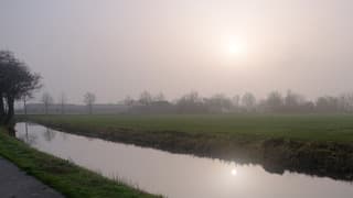 Mistige zonsopkomst met gepolariseerd spiegelbeeld