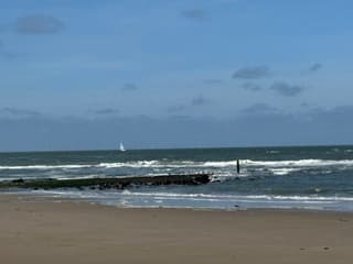 Strand met in de verte een zeilboot