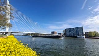 Utrecht#Stralend lenteweer#bloeiend geel koolzaad#vrachtschip#Prins Clausbrug