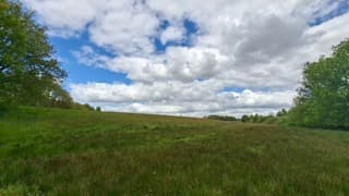 Helling/heuvel mooi groen, alles in bloei, onder een blauwe lucht met stapelwolken