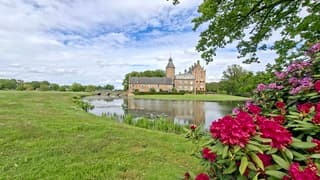 Rododendrons bij kasteel onder stapelwolken lucht