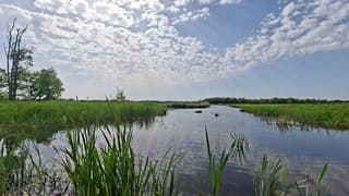 De zon schijnt uitbundig door iets van bewolking over dit prachtige natuurlandschap, de weerribben-wieden, locatie foto Kalenberg/Wetering, tijdstip foto 16.14 uur.