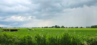 Regenwolken en vallende regen bij Ezinge vanmiddag 